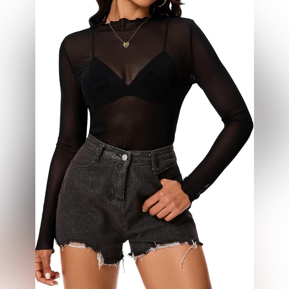 Black Sheer Mesh Long Sleeve Top Multiple Sizes - Picture 8 of 8